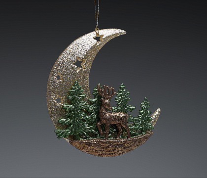 Фигурка декоративная месяц с композицией из елей и оленя, украшенная глиттером, 12 см, акрил, 1 шт.