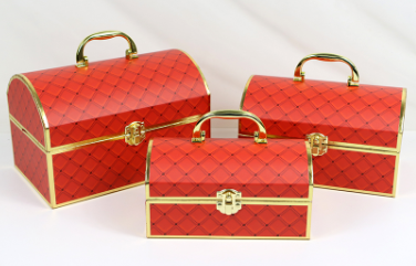 Набор коробок-сундучок "Шкатулка радости"：25,6×16,5×16,8Hсм, 23×14.5×14,8H см, 20,5×11,5×11,8H см, 3 шт.,красный