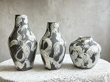 Ваза керамическая "Волны", декоративная, цвет  черно-бежевый, 35*16 см.