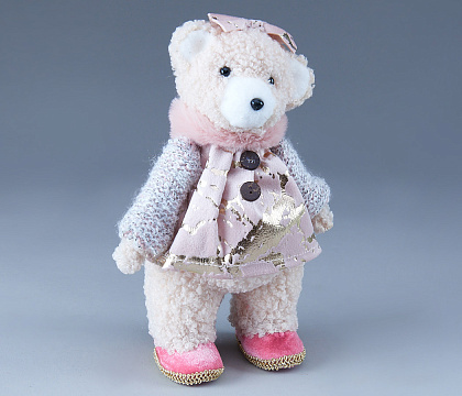 Фигура новогодняя декоративняя "Мишка кокетка", с бантиком 15*10*20 см, 1 шт., розовый/золото