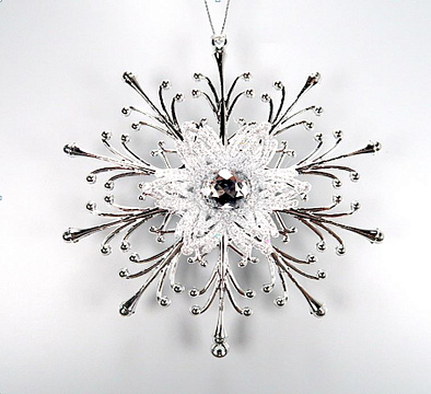 Фигурка декоративная снежинка на подвеске, украшенная сереб. глиттером и камнем, 13 см, акрил, 1 шт.