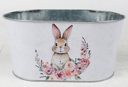 Декоративное овальное кашпо "Зайка в цветнике" 22.5X13.7XH11.3CM B:20X11 см. металл