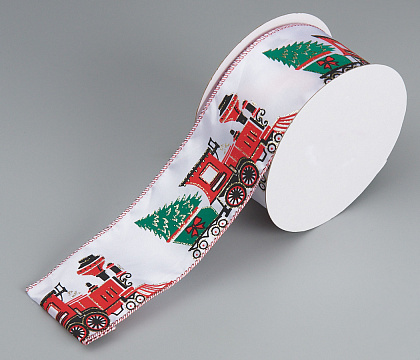 Лента новогодняя декоративная Паровоз с елочкой 6,3*10 ярд, 1 шт., шампань/зеленый/красный
