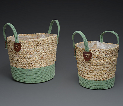 Набор корзин плетеных (рогоз):D28xH25xHH35   BD24, D24xH22xHH31  BD18, 2 шт., натур./фисташковый.