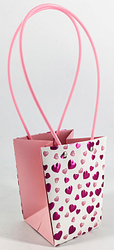 Пакет подарочный c фольгированными сердцами, 13*9.5*15.5 см., 10 шт./упак., розовй