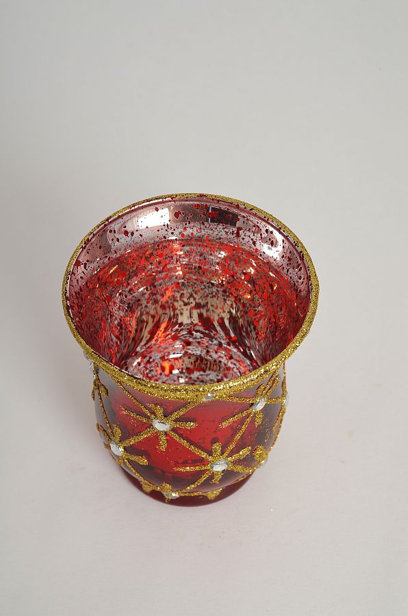 Стеклянный подсвечник, D7.5x H9 см, красный со стразами, в ПВХ кор.