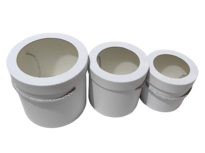 Набор коробок для цветов с крышкой  с прозрачным окошком 18,5*17, 15,3*14,5, 13,5*12 см, 3 шт., белый