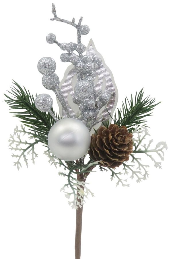 Новогодняя декоративная ветка с ягодами и шишкой 22 см, 1 шт., серебро