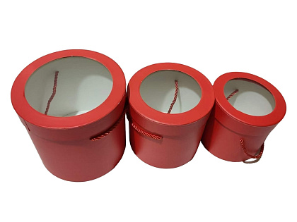 Набор коробок для цветов с крышкой  с прозрачным окошком 18,5*17, 15,3*14,5, 13,5*12 см, 3 шт., красный