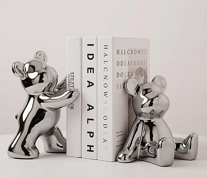 Набор держателей для книг "Мишки" 2 шт., керамика, цвет серебро, 13*10*19; 11*15*15 см.