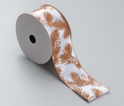 Лента новогодняя декоративная Шишки на веточке 6,3*10 ярд, 1 шт., белый/коричневый