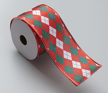 Лента новогодняя декоративная Цветные ромбы 6,3*10 ярд, 1 шт., красный/белый/зеленый