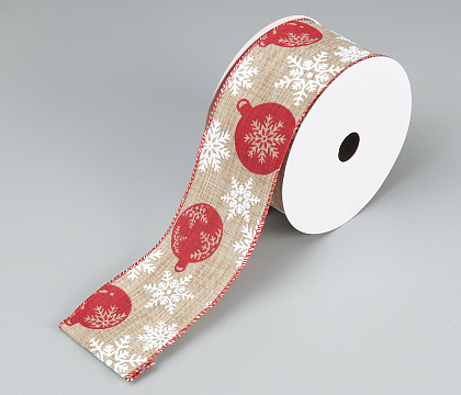 Лента новогодняя декоративная Праздничный уют 6,3*10 ярд, 1 шт., натур./белый/красный