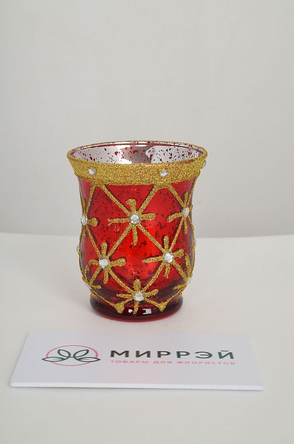 Стеклянный подсвечник, D7.5x H9 см, красный со стразами, в ПВХ кор.