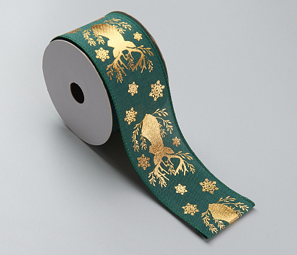 Лента новогодняя декоративная Олени 6,3*10 ярд, 1 шт., зеленый/золотой