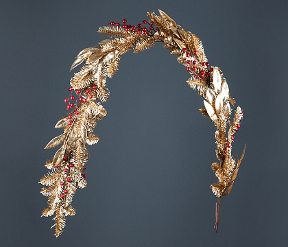 Гирлянда золотистая с красным ягодами и золотыми листьями, 140 см