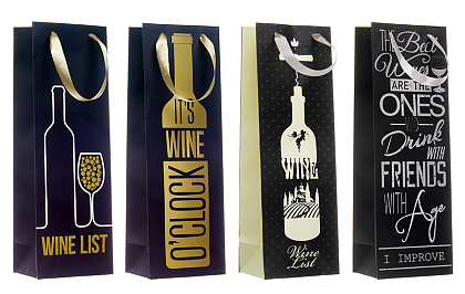  Подарочные пакеты "Wine Time" в ассортименте, 12x36x9 см, 4 вида, 12 шт. / упак.