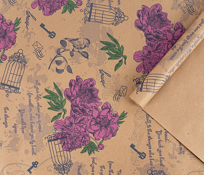 А Бумага крафт с рисунком "Пионы ретро" 3 цвета 70см 400гр