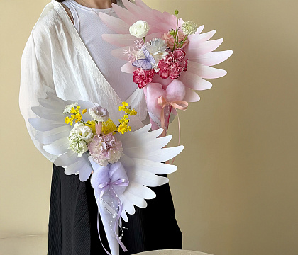 Упак. бумага "Крылья ангела", набор крыло L:50*37см + крыло S:33*22см, 10 наборов (20 шт) /упак, белый с ярко-розовый