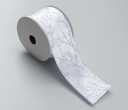 Лента новогодняя декоративная Веточка в снегу 6,3*10 ярд, 1 шт., белый/серебро