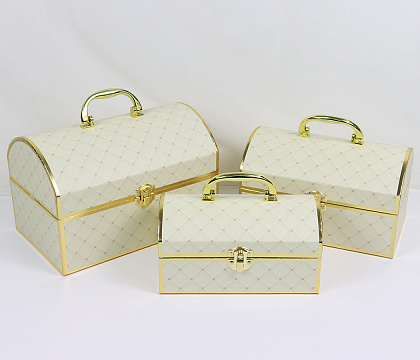 Набор коробок-сундучок "Шкатулка радости"：25,6×16,5×16,8Hсм, 23×14.5×14,8H см, 20,5×11,5×11,8H см, 3 шт., молочный