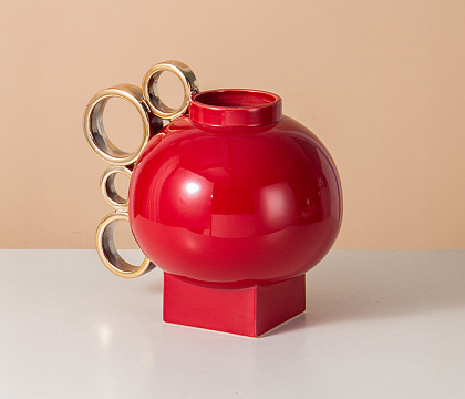 Керамическая декоративная ваза серия "Кольца", цвет красный, 24,5*19*22,5 см