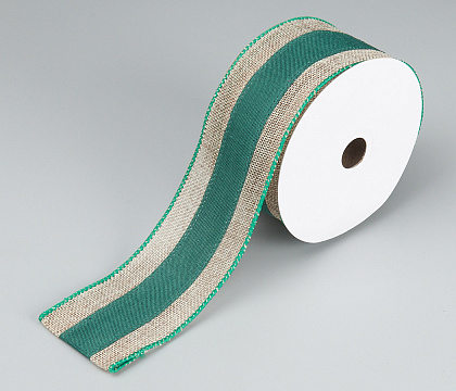 Лента новогодняя декоративная 6,3*10 ярд, 1 шт., натуральный/зеленый