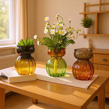 Ваза стеклянная D9,3 * H12,5 см, 1 шт, градиент серый/желый