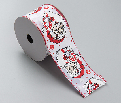 Лента новогодняя декоративная Санта Клаус 6,3*10 ярд, 1 шт., белый/красный