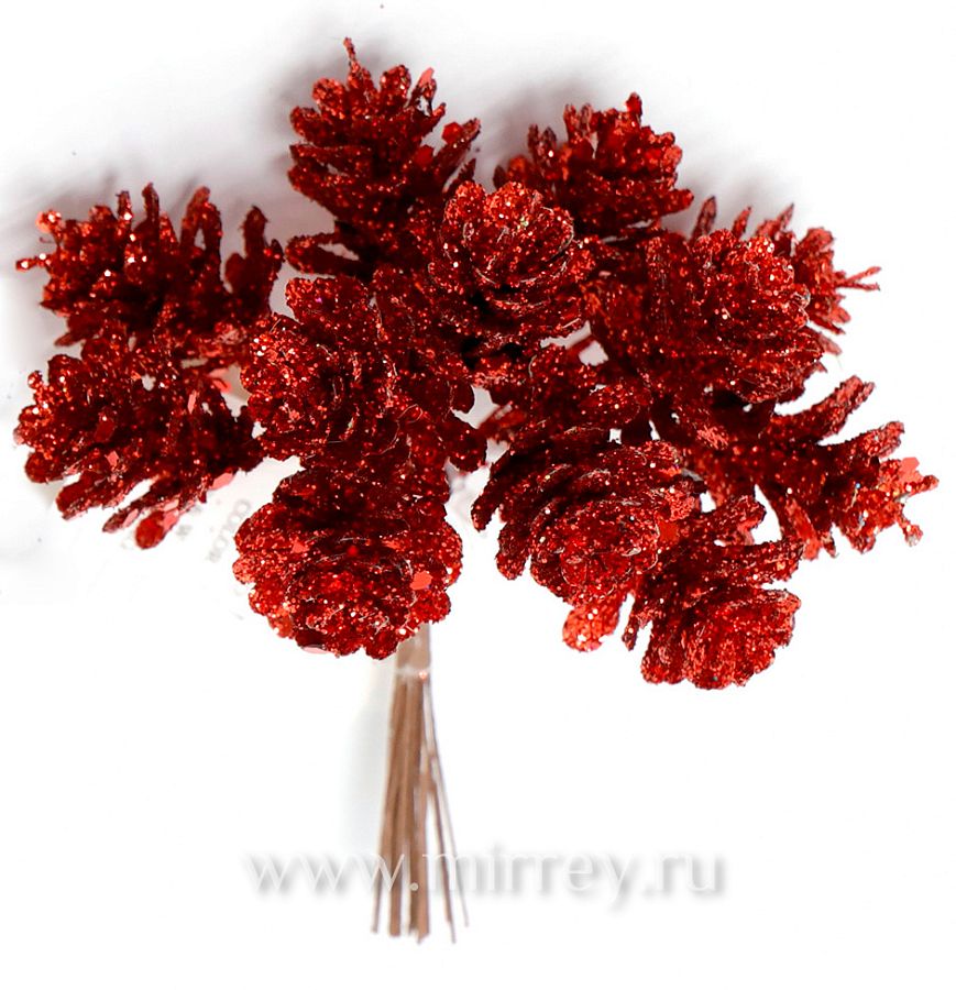 Связка шишек на проволоке с глиттером, 12 шт, 10см, красный