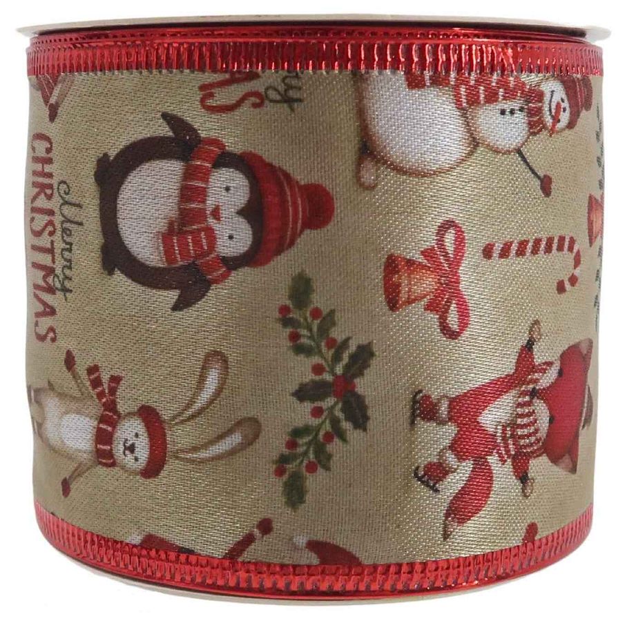 Новогодняя декоративная лента Рождественские гости 6,3см*10 ярд, 1 шт., натуральный/красный/зеленый