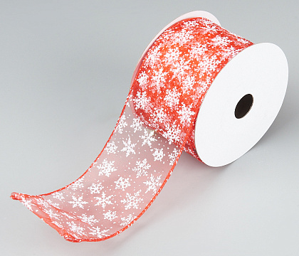 Лента новогодняя декоративная Снежинки 6,3*10 ярд, 1 шт., красный/серебро