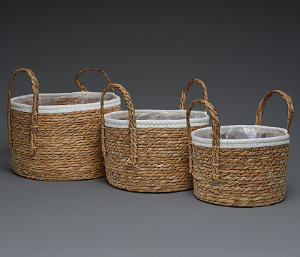 Набор корзин плетеных (рогоз): D30xH19xHH30  BD29, D26xH16xHH26  BD25, D22xH15xHH25  BD25, 3 шт., натур./выбеленн.