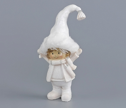 Декоративное новогоднее изделие Мальчик в пушистой шапочке, 13 см, белый