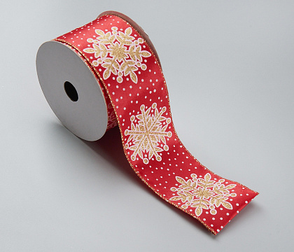 Лента новогодняя декоративная Снежные узоры 6,3*10 ярд, 1 шт., красный/золото