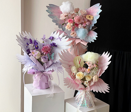 Упак. бумага "Крылья ангела", набор крыло L:50*37см + крыло S:33*22см, 10 наборов (20 шт) /упак, белый с ярко-розовый