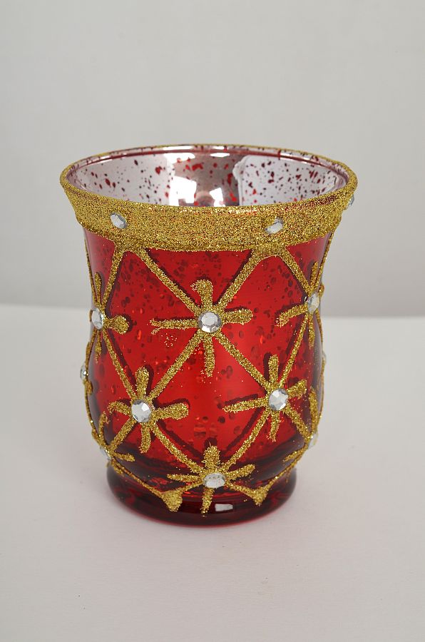 Стеклянный подсвечник, D7.5x H9 см, красный со стразами, в ПВХ кор.