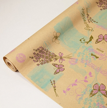  Флористическая крафт бумага "Lavender", 70 см x 10 ярд, бурый / сирень-бирюза-фисташка