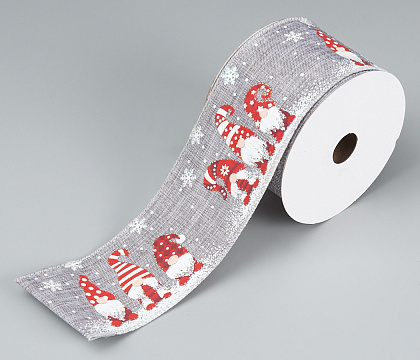 Лента новогодняя декоративная Гномы 6,3*10 ярд, 1 шт., серый/красный