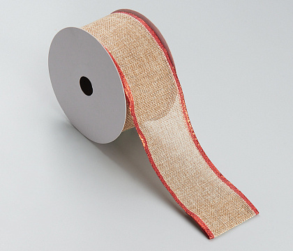 Лента новогодняя декоративная 6,3*10 ярд, 1 шт., натуральный/красный