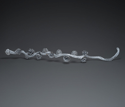 Декоративная ветка из ротанга с сосновыми шишками 5-7 см (13 шт), 115 см, серебро