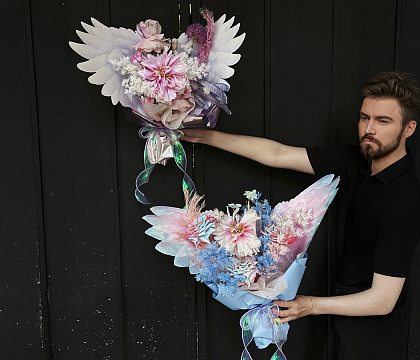 Упак. бумага "Крылья ангела", набор крыло L:50*37см + крыло S:33*22см, 10 наборов (20 шт) /упак, белый с ярко-розовый