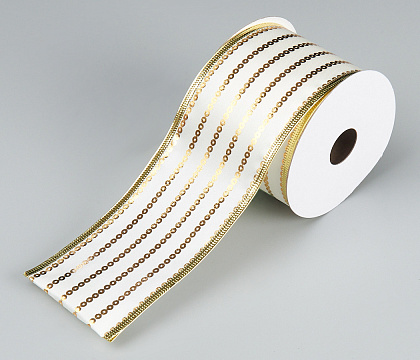Лента новогодняя декоративная 6,3*10 ярд, 1 шт., шампань/золото