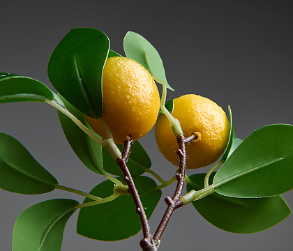 Ветка декоративная с плодами Лимона и листьями (плоды D4 см), 30 см, 1 шт., желтый