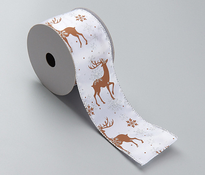 Лента новогодняя декоративная Рождественские олени 6,3*10 ярд, 1 шт., белый/серебро/золото