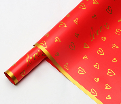 Упак. материал флористическая пленка "Золотые сердца", 65 мкр, 57 см х 57 см, 20 листов/упак. красный