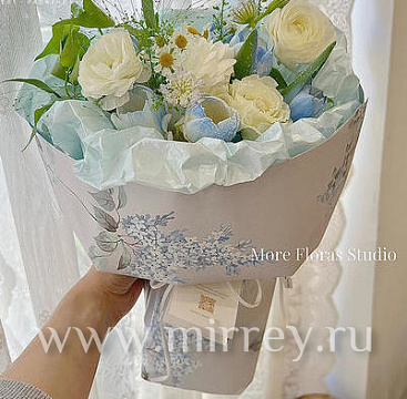 Дизайнерская бумага "Flowers", 53см х 53см, 100г/м2, 10 листов /упак, пастельно-голубой