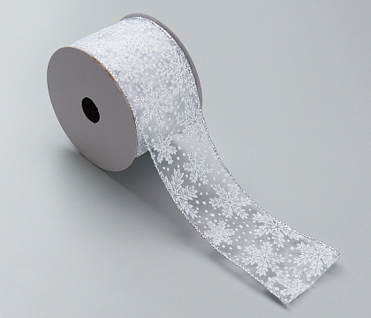 Лента новогодняя декоративная Снежинки 6,3*10 ярд, 1 шт., серебро