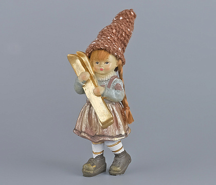 Декоративное новогоднее изделие Девочка с лыжами, 15 см, золотисто-коричневый