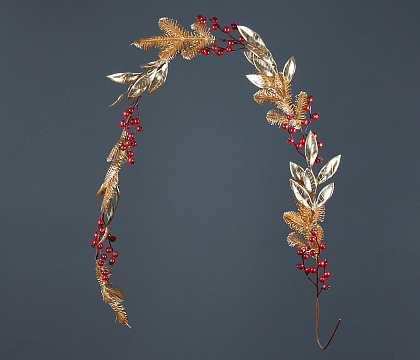 Гирлянда золотистая с красным ягодами и золотыми листьями, 145 см